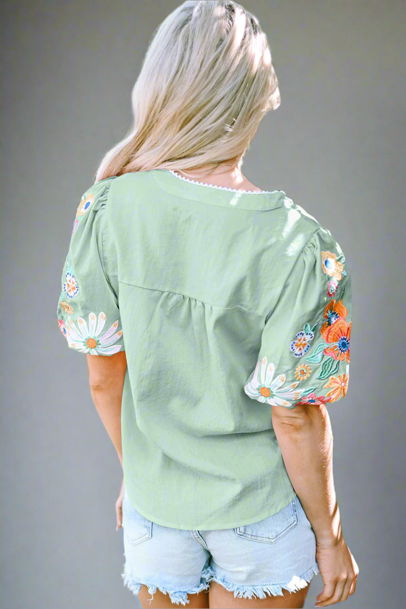 The Floral Whisper Embroidered Puff Sleeve Blouse