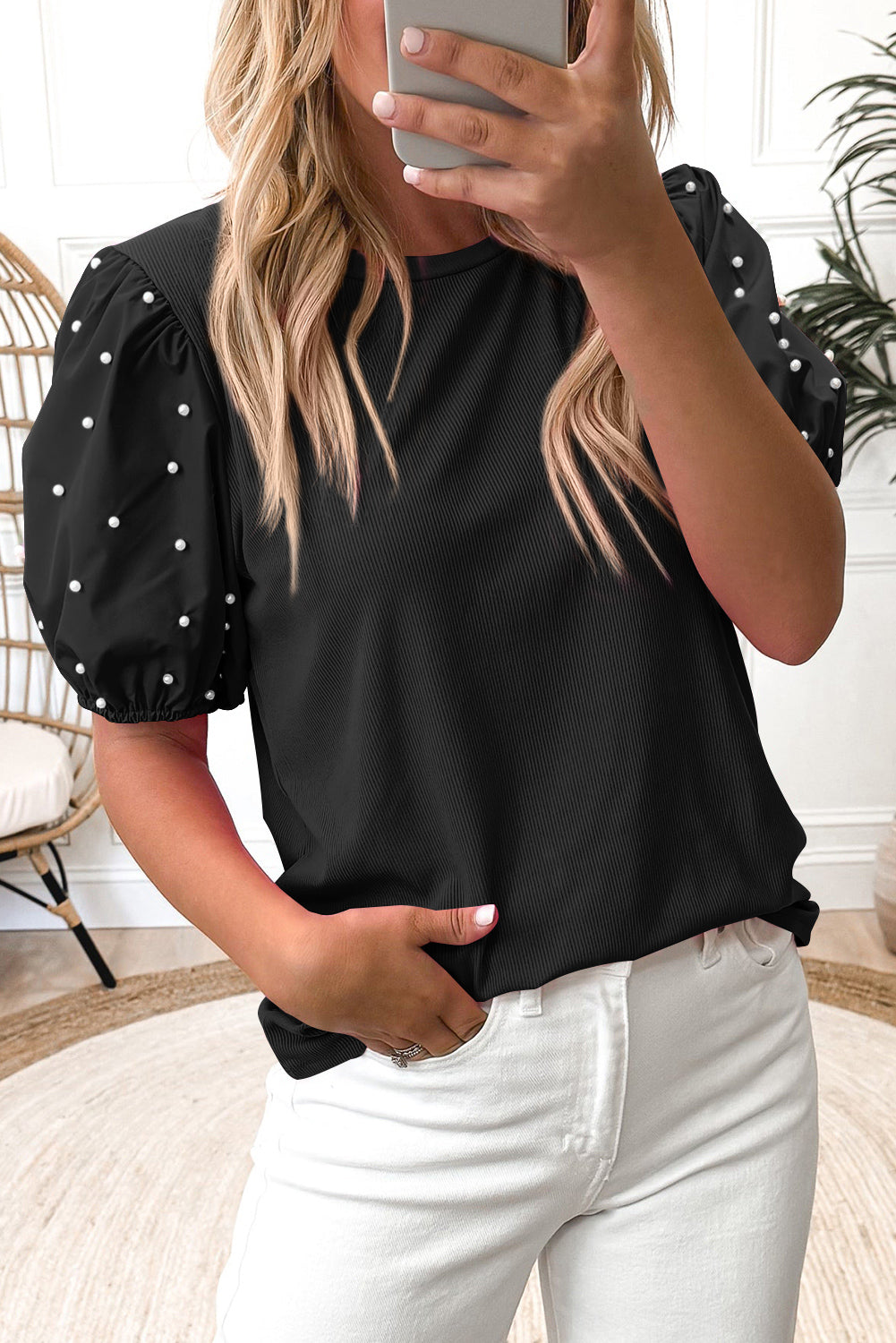 Graceful Glow Beaded Puff Sleeve Top