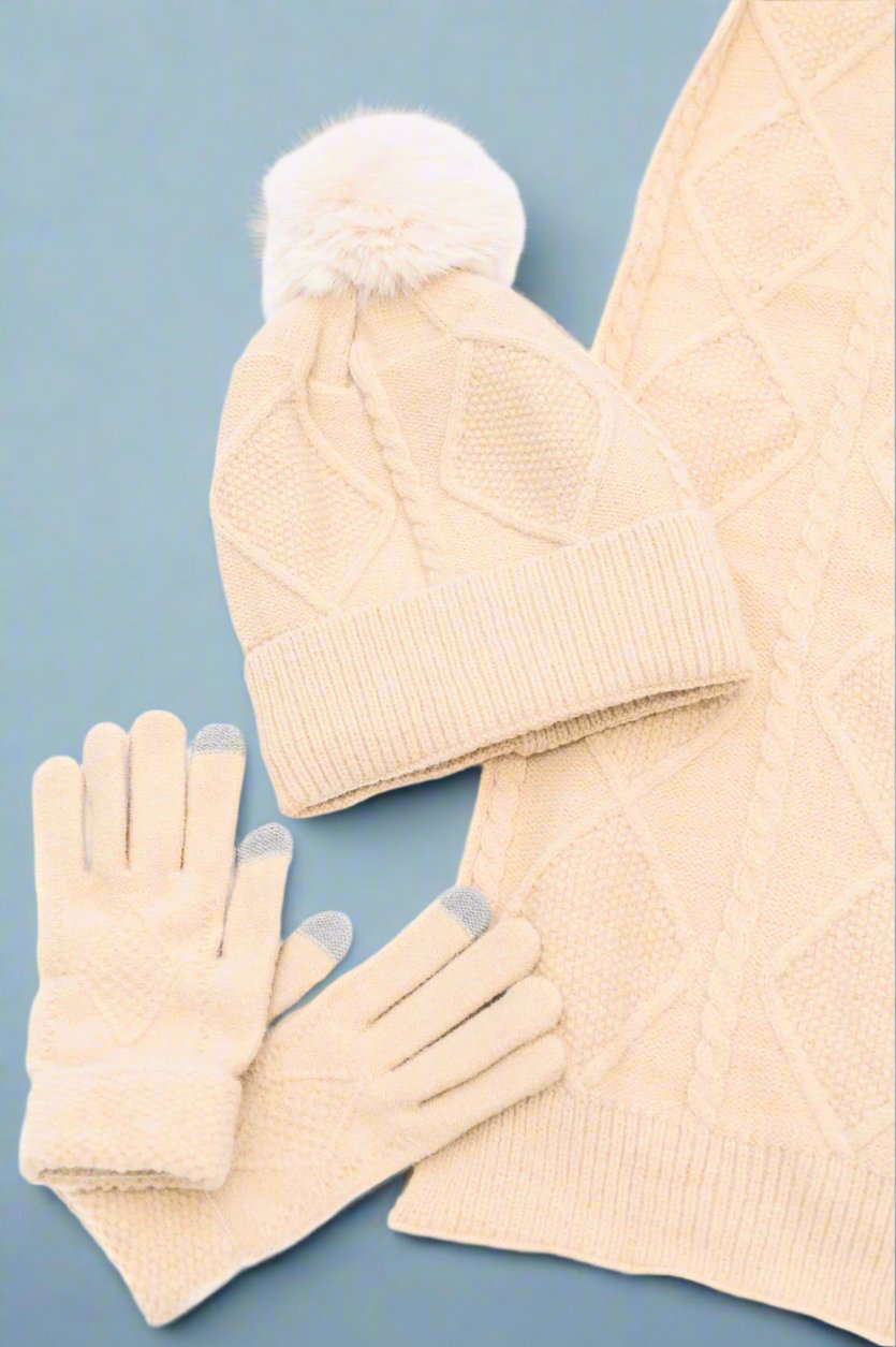 Jane Frost Beanie, Glove, and Scarf Set in Beige