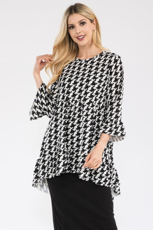 Chic Encounter Houndstooth Flounce Sleeve High-Low Top