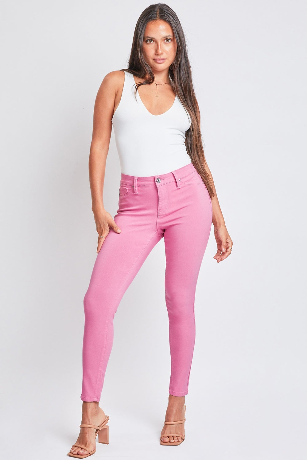 YMI Jeanswear Hyperstretch Mid-Rise Skinny Pants-Flamingo