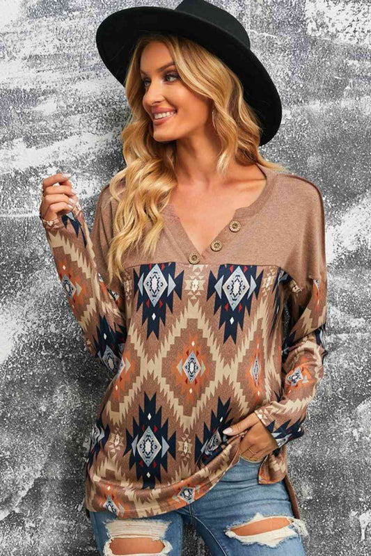 Western Print Buttoned V Neck Top